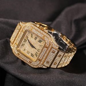 Men's iced out rhinestone quartz square wristwatch